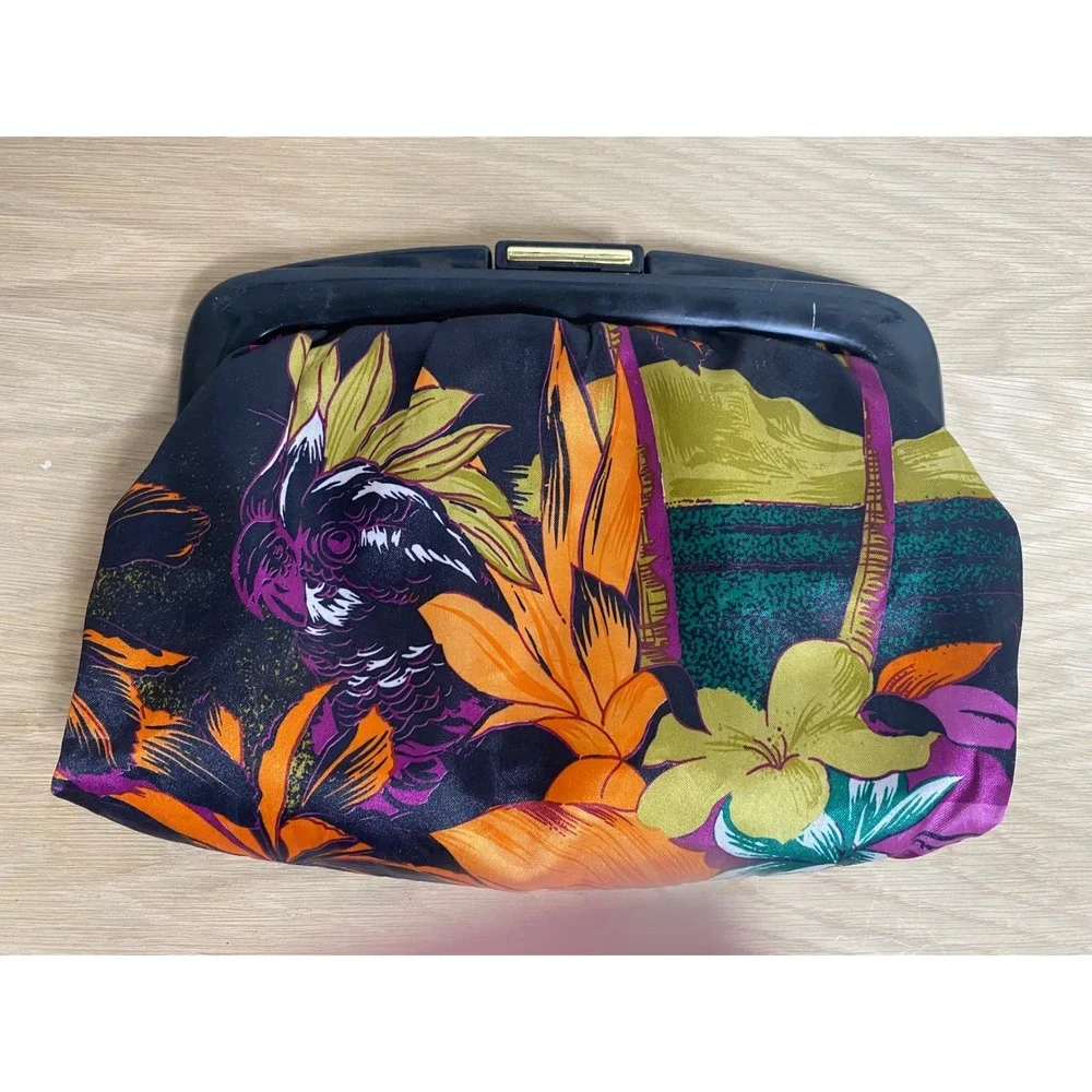 Vintage 70s 80s Tropical Floral Satin Clutch Bag Black Orange Hibiscus Tiki
